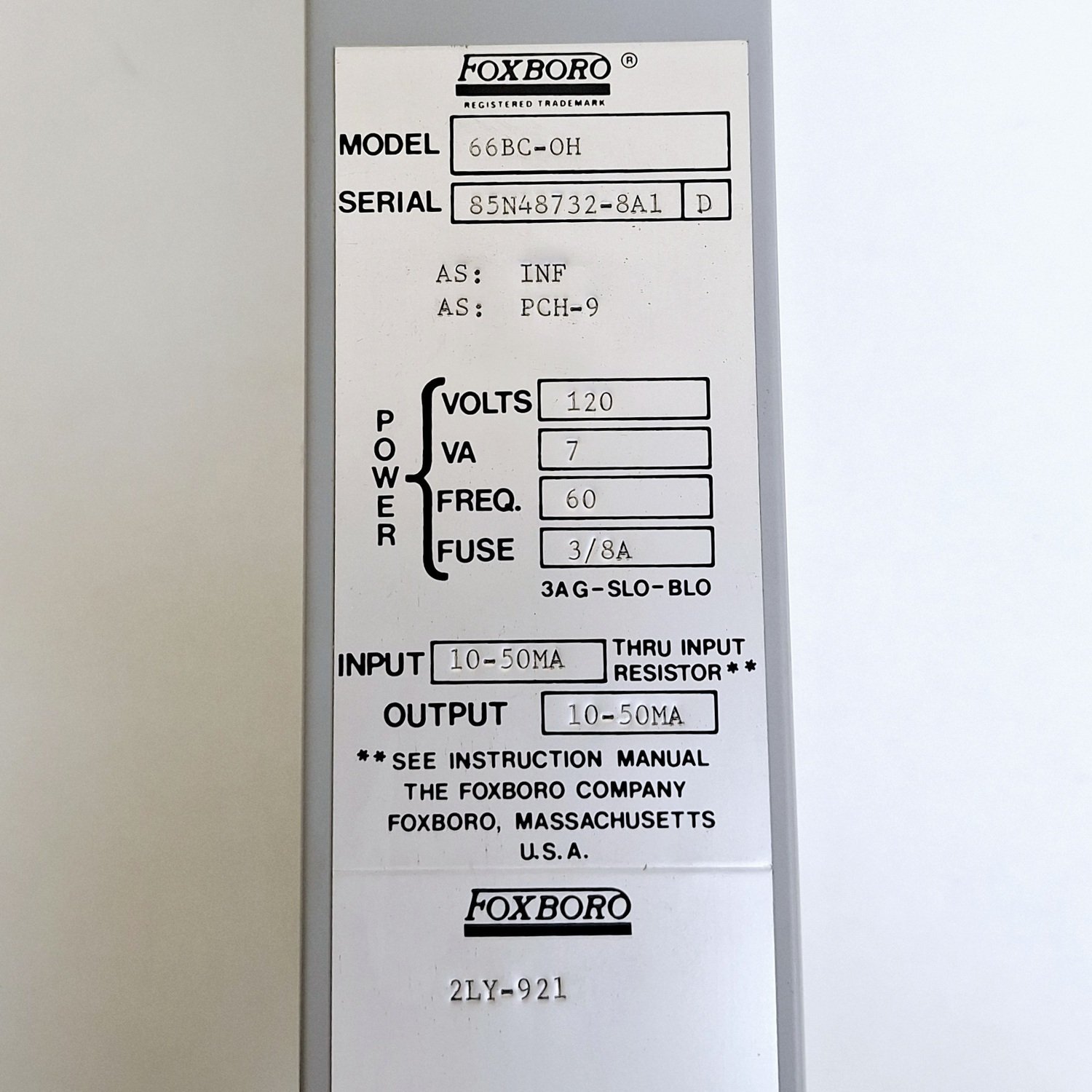 Foxboro_66BC-OH__M66B_Current_Repeater_120V__7VA__60Hz__38A_Fuse11